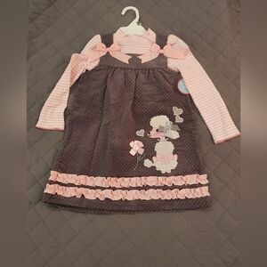 Pink and Brown Poodle Dress with Stripe Shirt